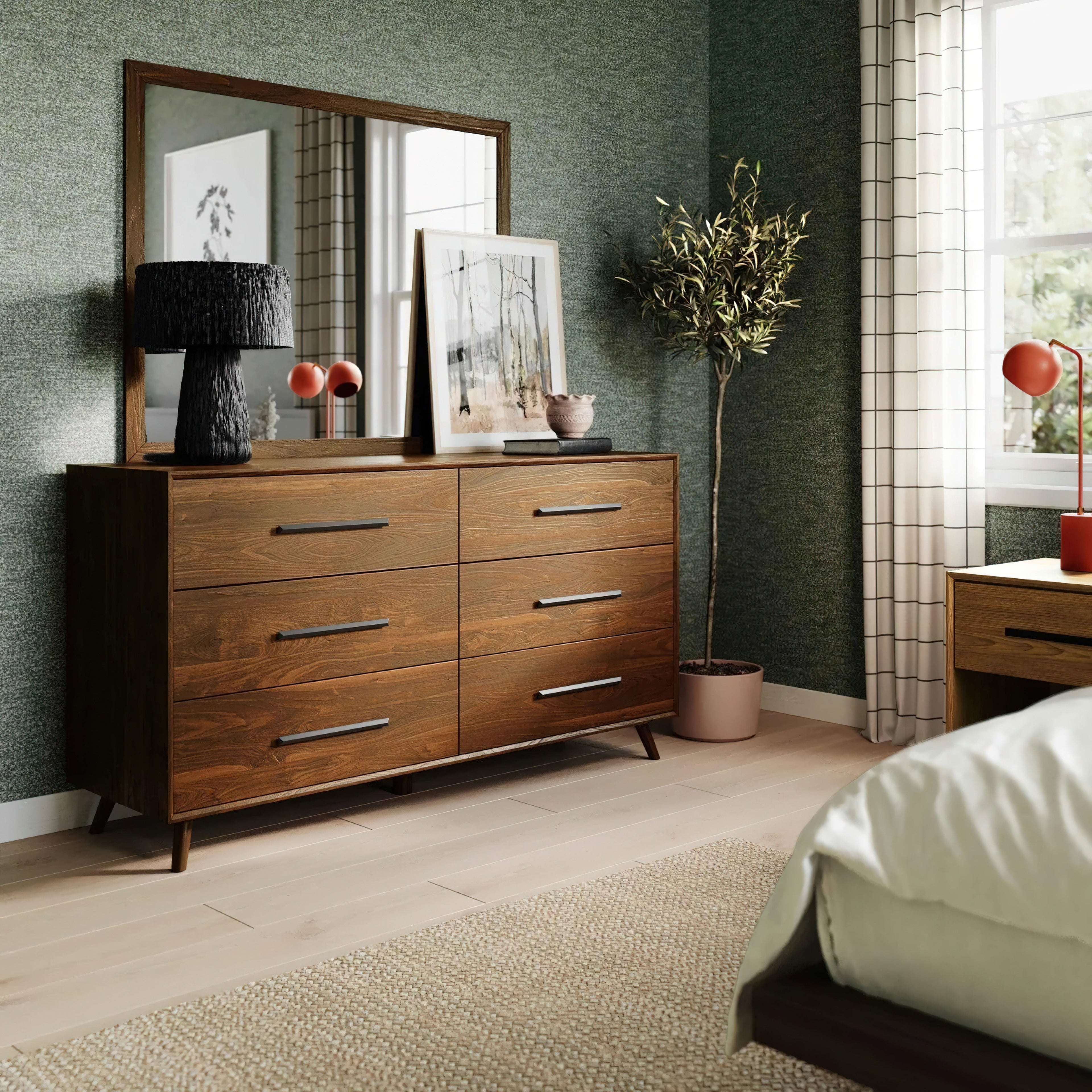 Dark walnut 6-drawer double dresser with black slim pulls and attached wall mirror in a modern bedroom.