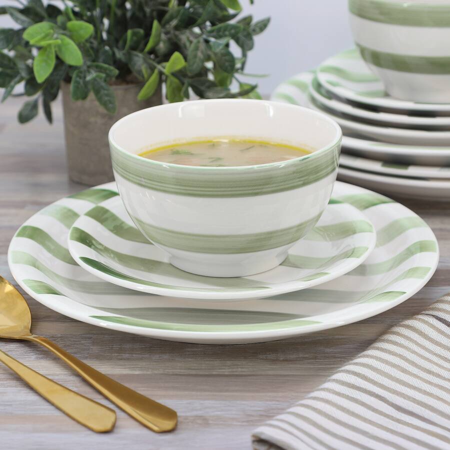 Gibson Home Kenwood Shores 12 Piece Stoneware Dinnerware Set - Green Stripe