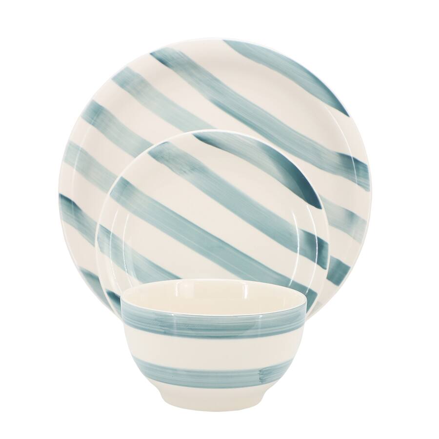 Gibson Home Kenwood Shores 12 Piece Stoneware Dinnerware Set - Blue Stripe