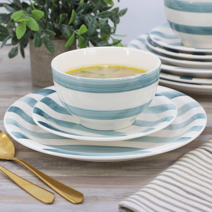 Gibson Home Kenwood Shores 12 Piece Stoneware Dinnerware Set - Blue Stripe