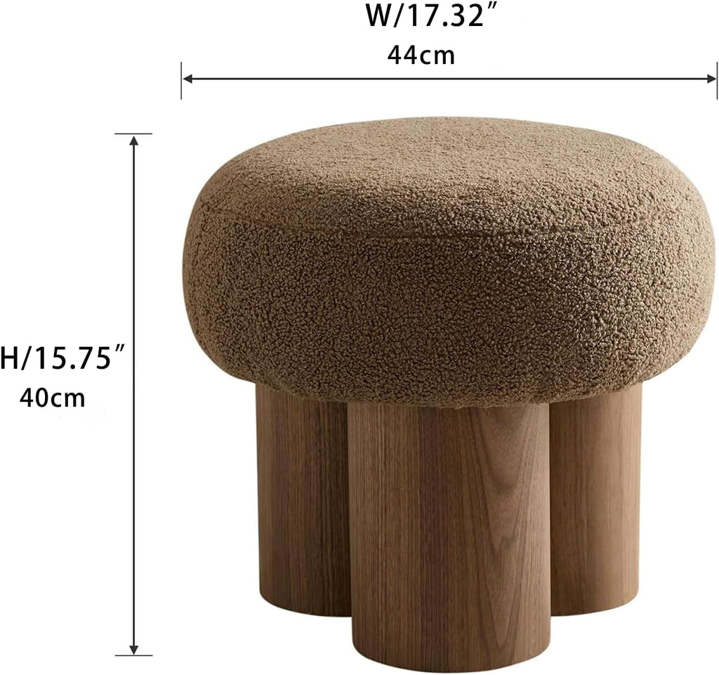 Compact Round Footstool Ottoman Brown Teddy Fabric-1