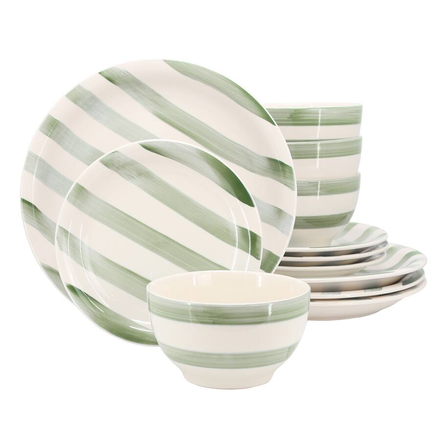 Gibson Home Kenwood Shores 12 Piece Stoneware Dinnerware Set - Green Stripe