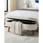 Mid-Century Modern Boho Style Off-White Beige Linen Bedroom Storage Bed Bench-2