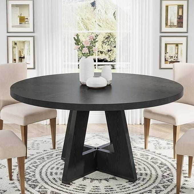 Modern Farmhouse 47-inch Round Kitchen Dining Table in Black Wood Finish-0