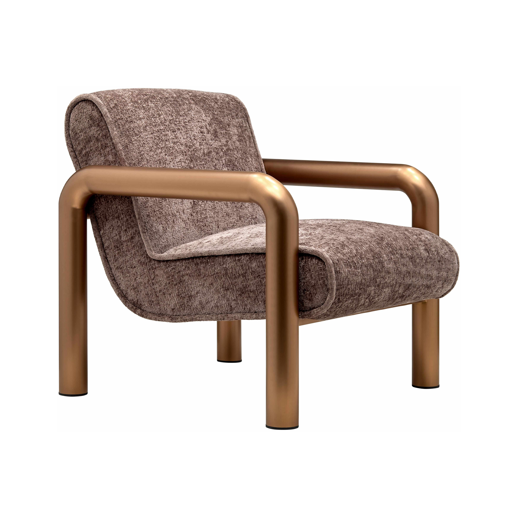 A modern accent chair with textured taupe-brown fabric upholstery and a curved metallic bronze armrest and frame, shown on a solid white background.