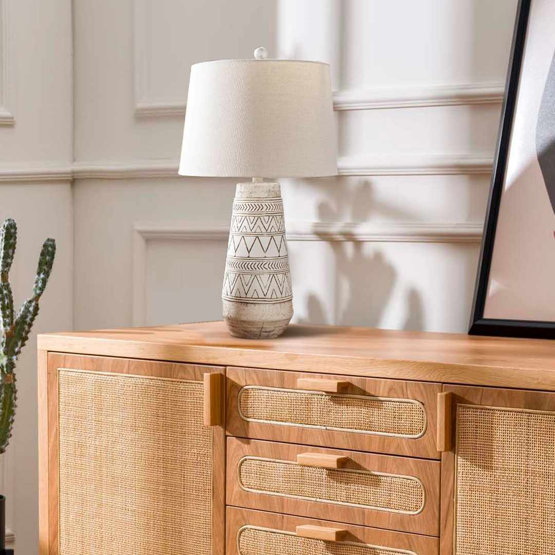 Tan and Cream Resin Lamp with White Linen Table Lamp-2