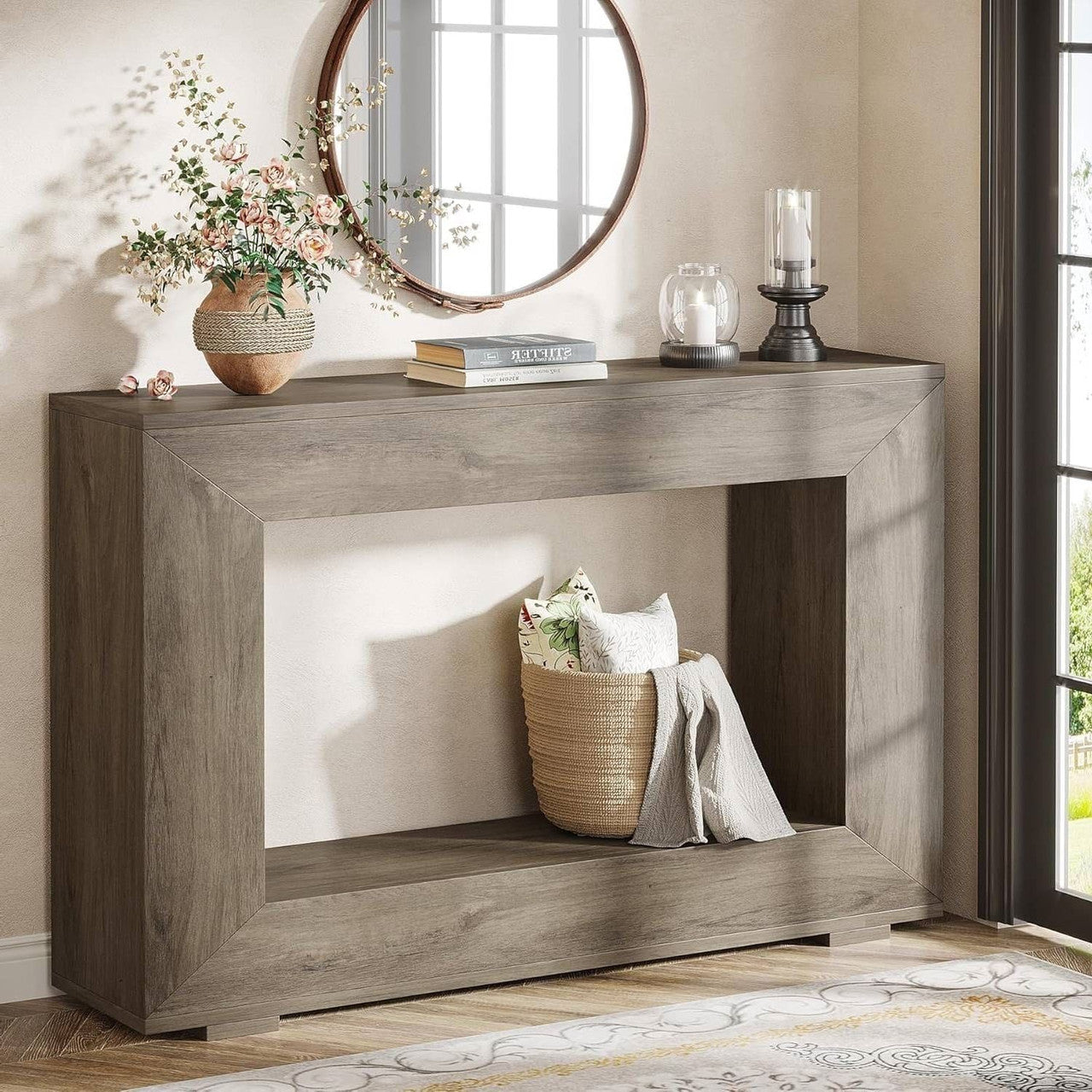 Modern Farmhouse 47-inch Long Entryway / Console Table in Grey Wood Finish-1