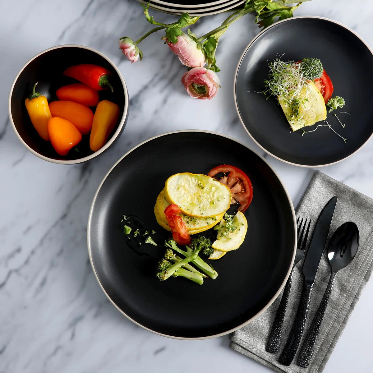 12 Piece Stoneware Dinnerware Set in Black