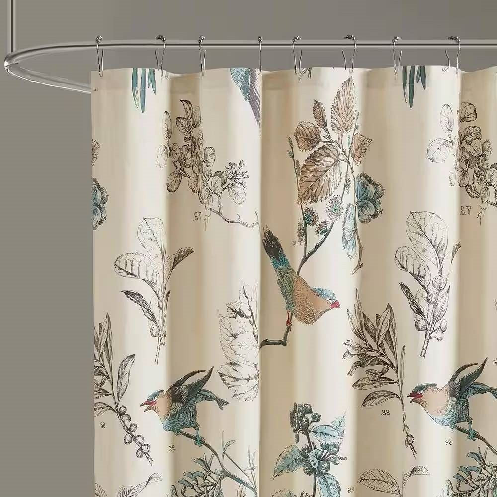 72-inch Beige Khaki Cotton Shower Curtain with Vintage Birds Leaf Floral Print-0