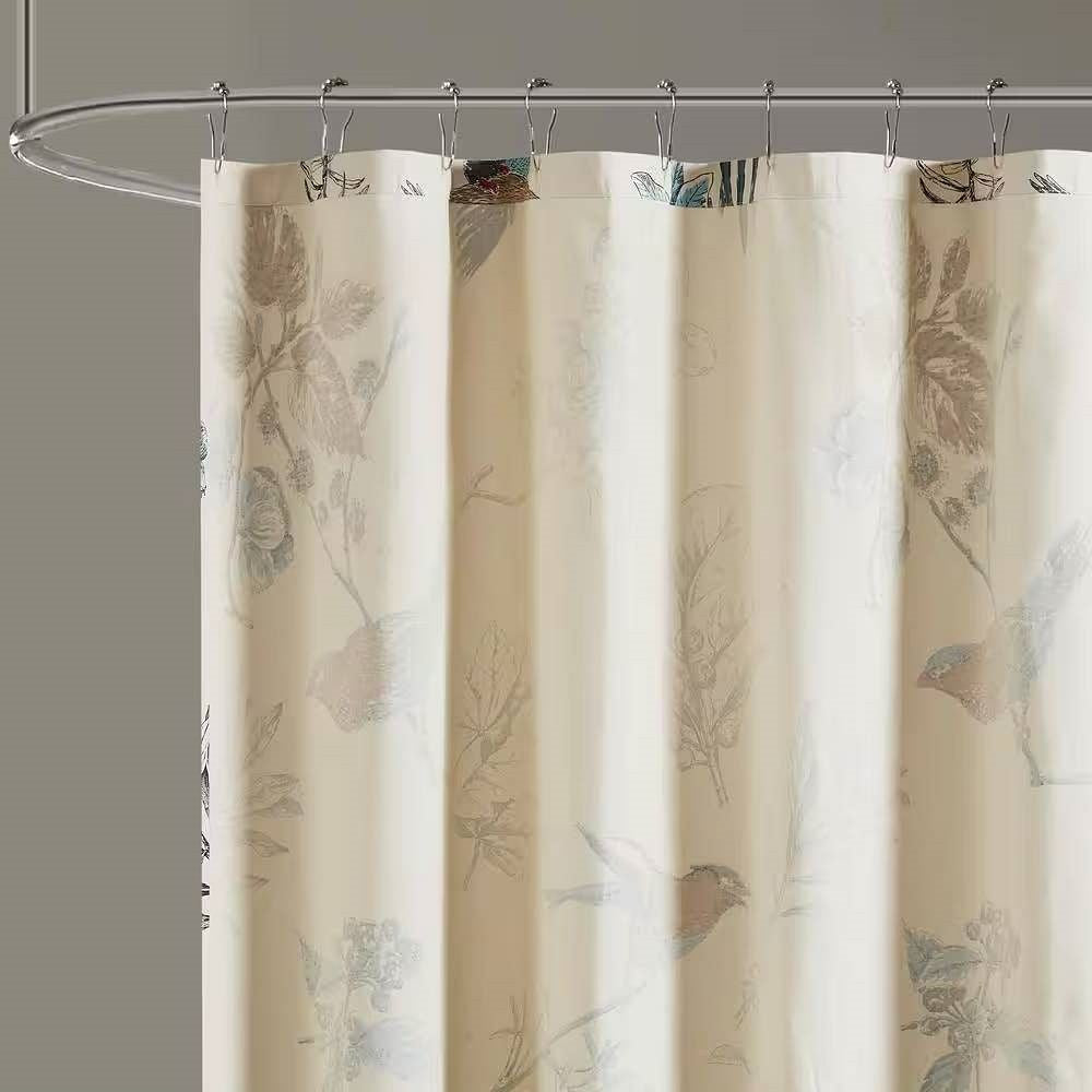 72-inch Beige Khaki Cotton Shower Curtain with Vintage Birds Leaf Floral Print-1