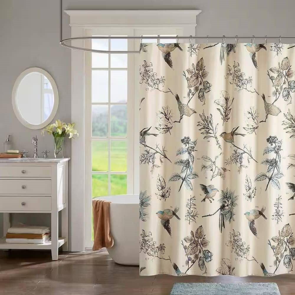 72-inch Beige Khaki Cotton Shower Curtain with Vintage Birds Leaf Floral Print-2