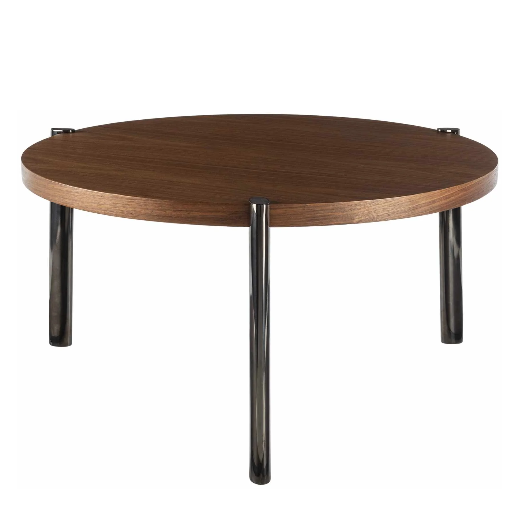 A round coffee table with a medium brown wood-grain top and four glossy black metal legs, shown against a plain white background.