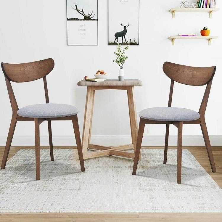 Set of 2 Mid-Century Modern Curved Back Wood Dining Chair Grey Upholstered Seat-0