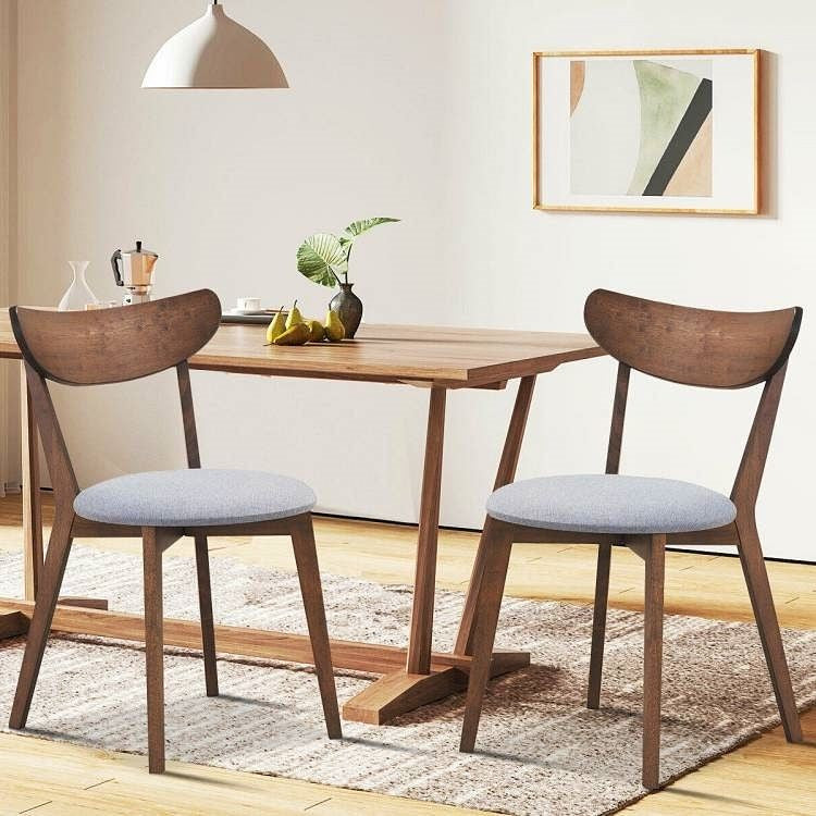 Set of 2 Mid-Century Modern Curved Back Wood Dining Chair Grey Upholstered Seat-1