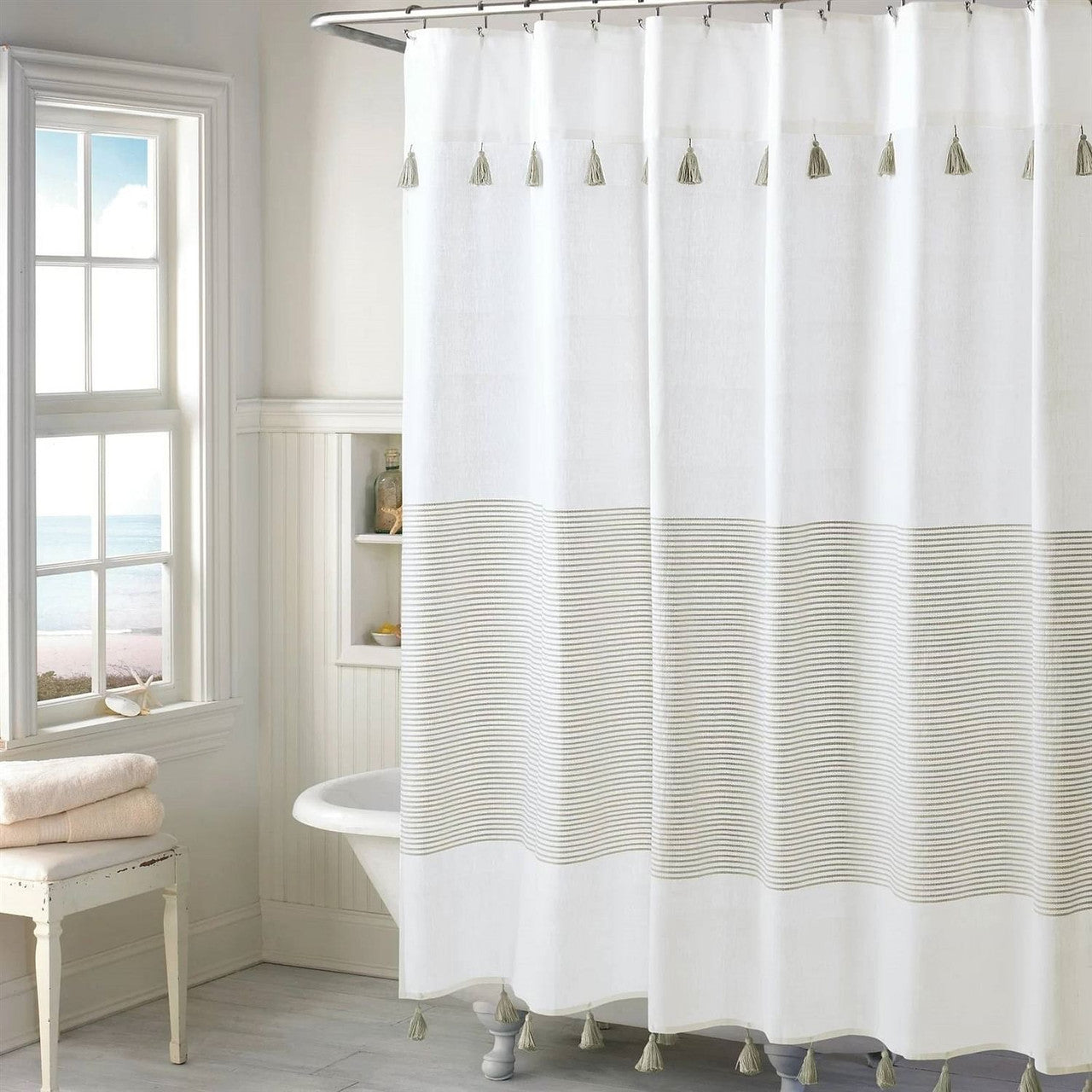 72-inch Taupe Tan and White Stripes Cotton Shower Curtain-2