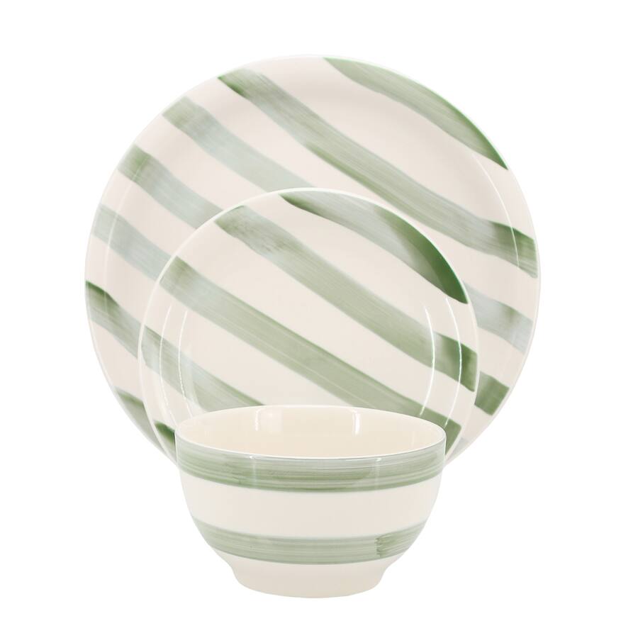Gibson Home Kenwood Shores 12 Piece Stoneware Dinnerware Set - Green Stripe