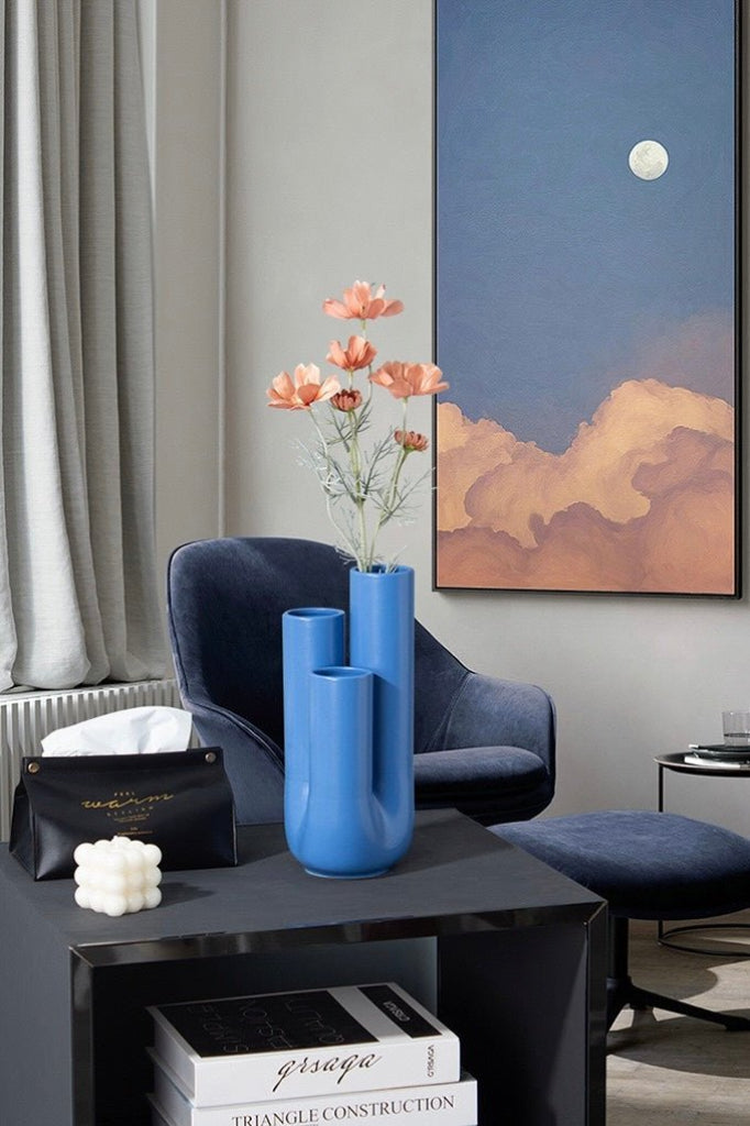 Handmade Funky Memphis Triple Stems Ceramic Vase, Decorative Flower Vessel-2