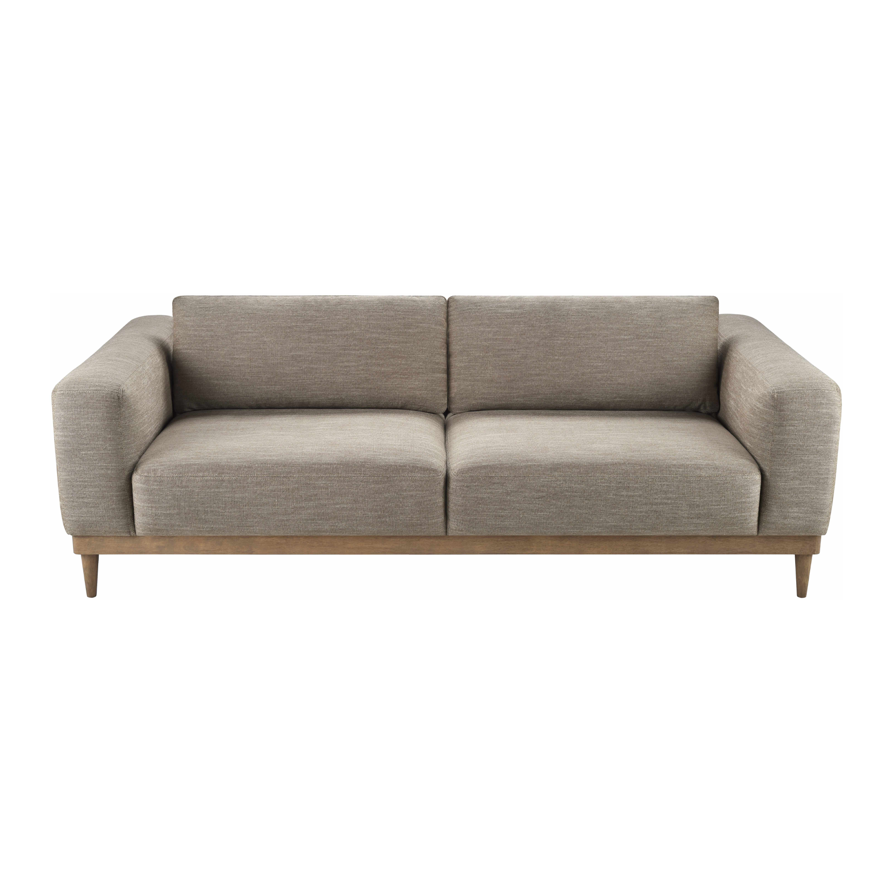 A modern two-seater sofa with textured taupe-beige fabric upholstery and a light natural wood frame and legs, shown against a plain white background.