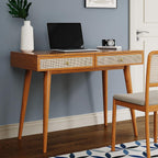 Mid Century Modern Solid Wood Desk With Drawers 45 Inch Rattan Writing Desk-2