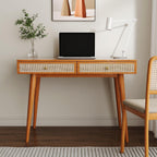 Mid Century Modern Solid Wood Desk With Drawers 45 Inch Rattan Writing Desk-0