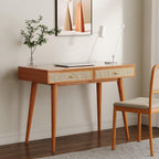 Mid Century Modern Solid Wood Desk With Drawers 45 Inch Rattan Writing Desk-3