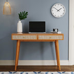 Mid Century Modern Solid Wood Desk With Drawers 45 Inch Rattan Writing Desk-4