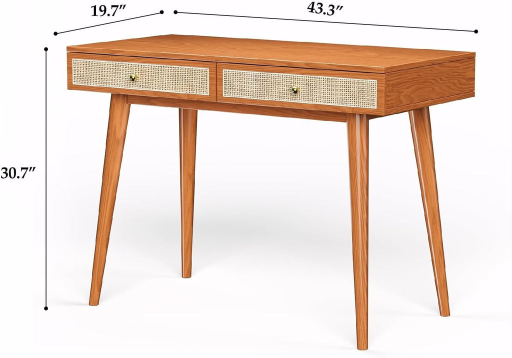 Mid Century Modern Solid Wood Desk With Drawers 45 Inch Rattan Writing Desk-1