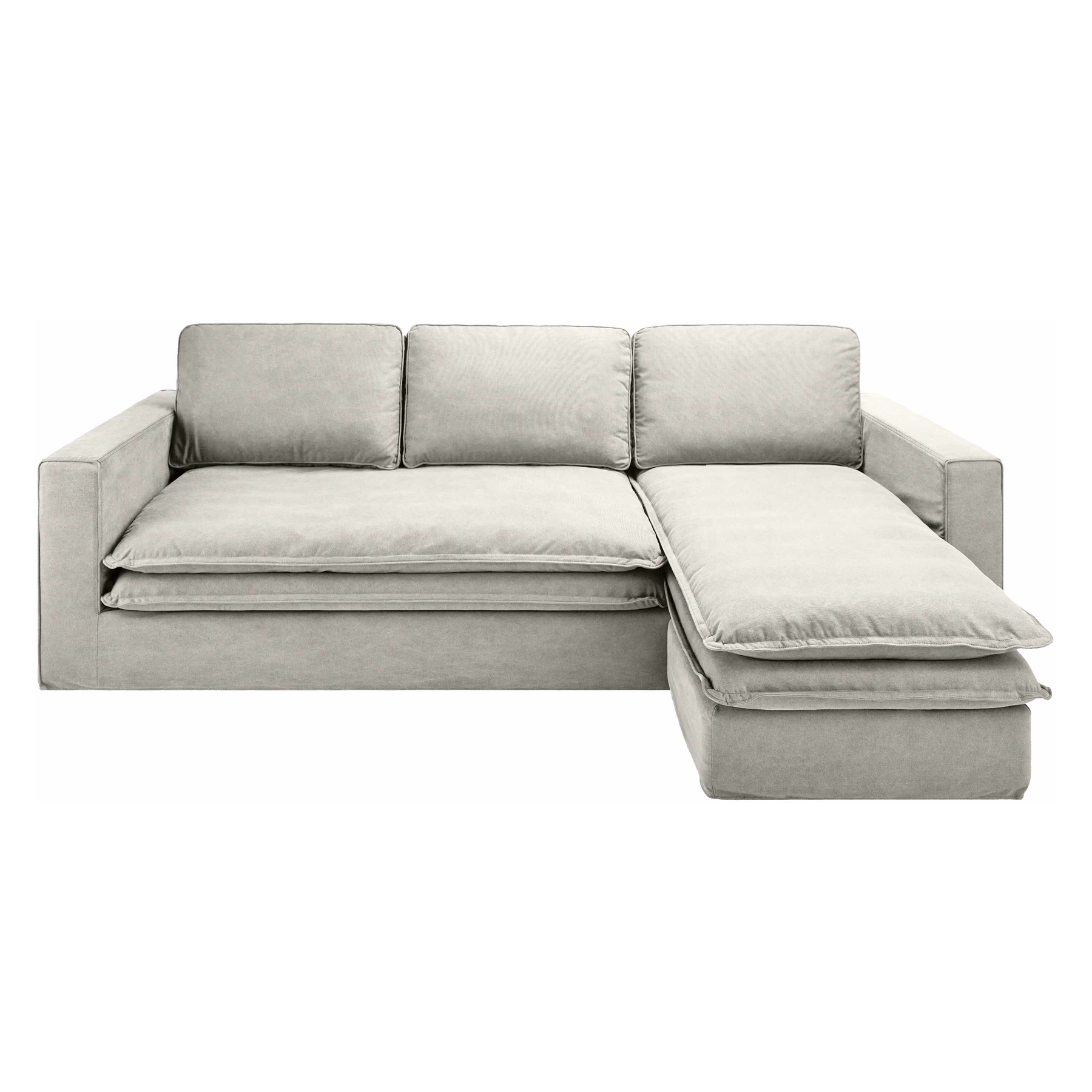 A light gray fabric sectional sofa with a right-facing chaise lounge, shown against a plain white background.