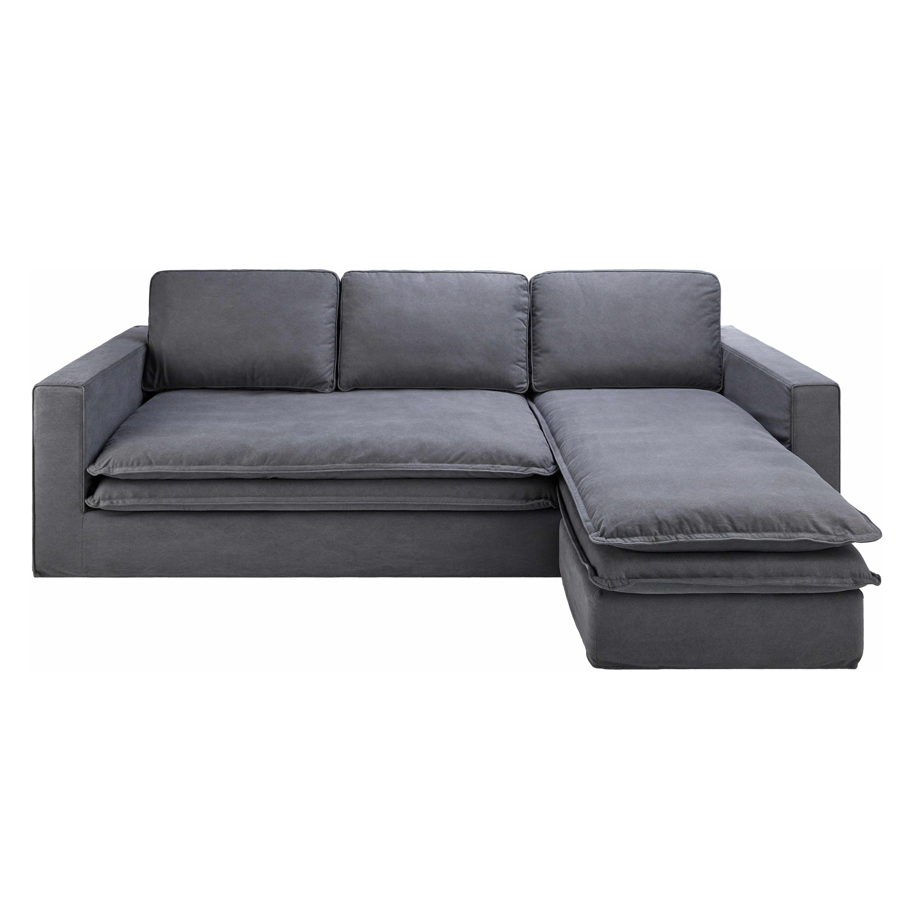A modern three-seater sofa with a right-side chaise lounge, upholstered in a dark gray textured fabric, shown against a plain white background.