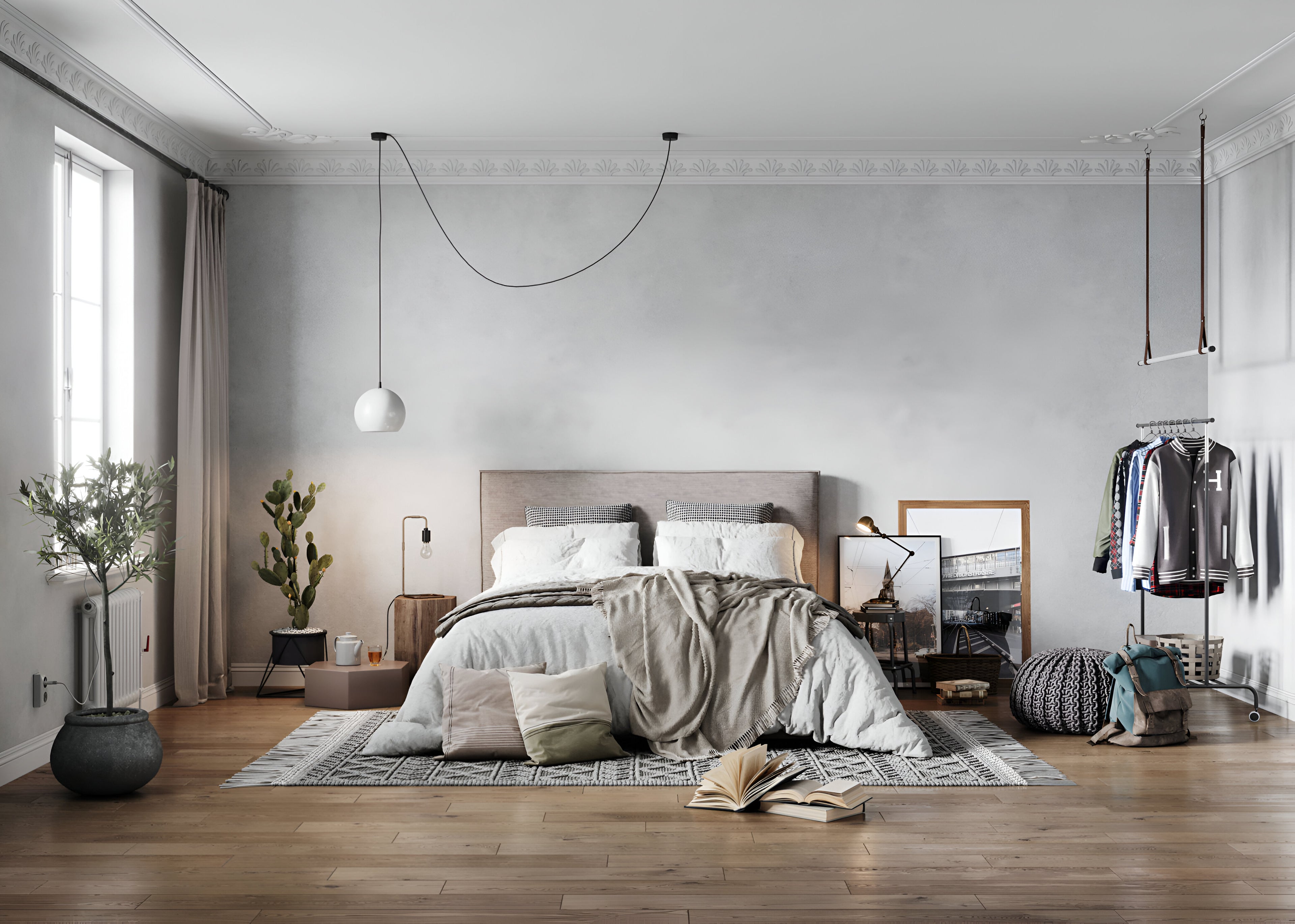 Minimalist bedroom featuring an upholstered bed and open Bible, linking to bedroom furniture collections.