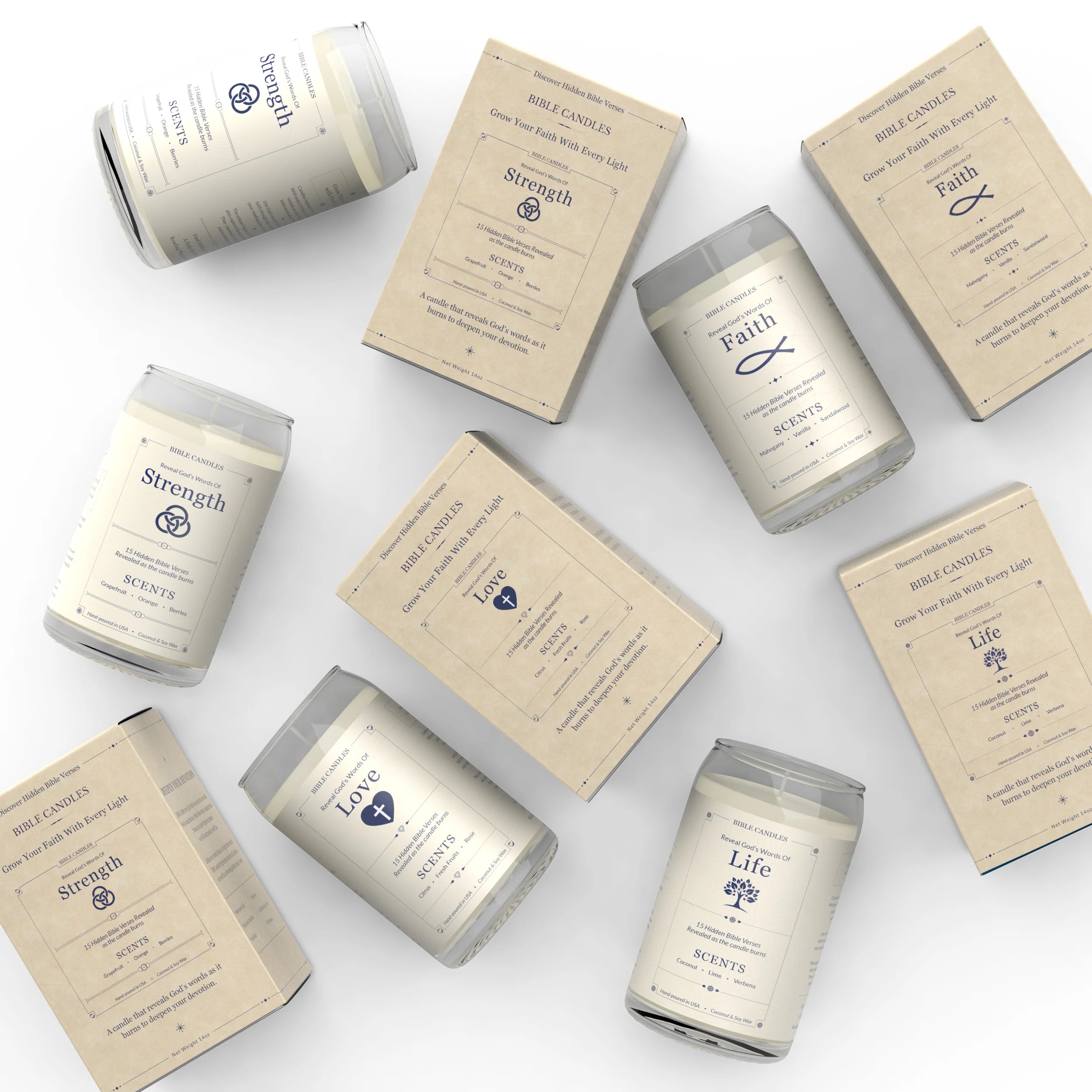 Scripture inspired scented candles with hidden Bible verses in glass jars with cream packaging.
