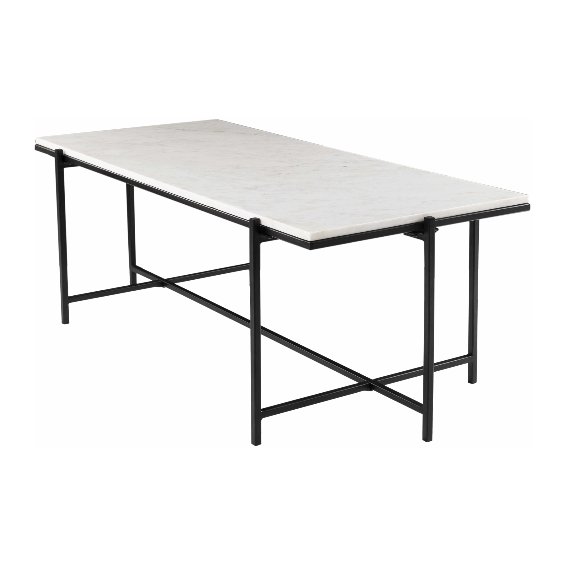 A rectangular dining table with a white marble-look top and a black metal frame, shown on a plain white background.