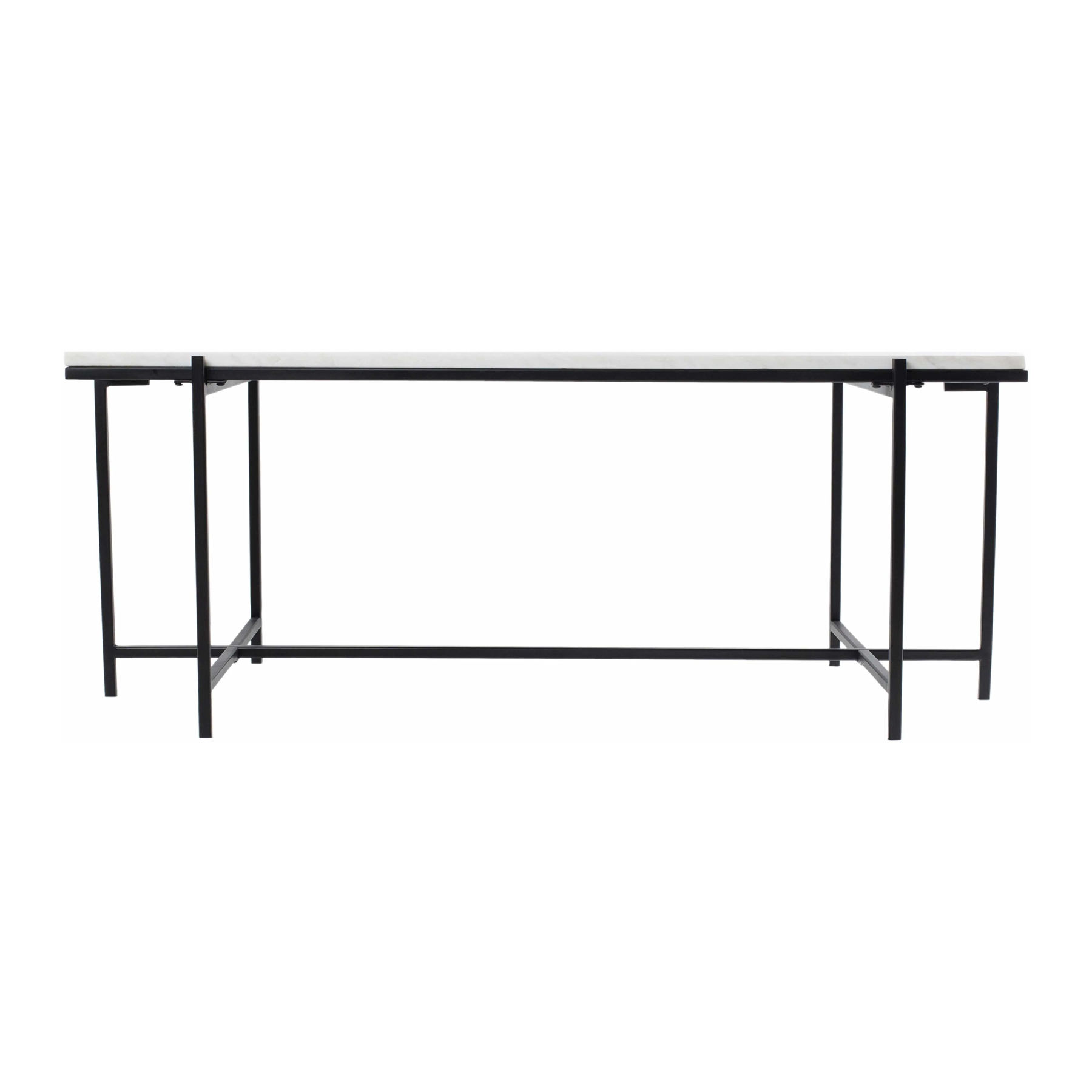 A long rectangular console table with a black metal frame and a light gray stone or laminate top, shown against a plain white background.
