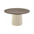 A round coffee table with a dark brown wood-grain top and a textured, fluted off-white pedestal base, shown on a plain white background.