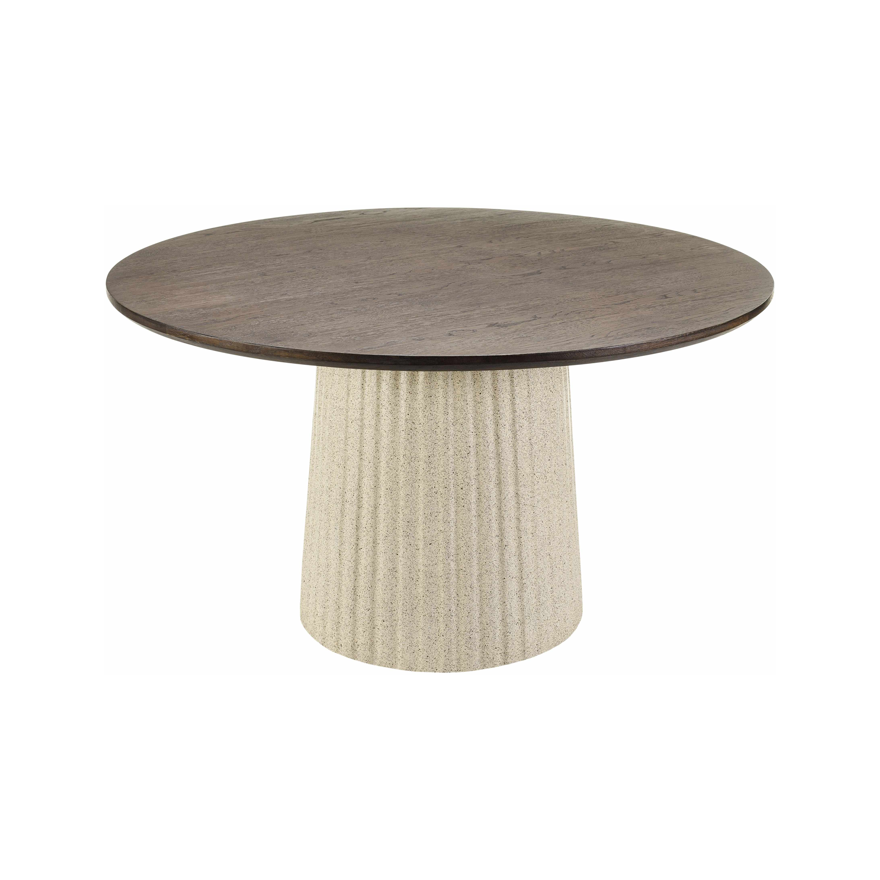 A round coffee table with a dark brown wood-grain top and a textured, fluted off-white pedestal base, shown on a plain white background.