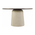 A modern round table featuring a textured, ribbed beige concrete pedestal base and a dark brown circular tabletop, shown against a plain white background.