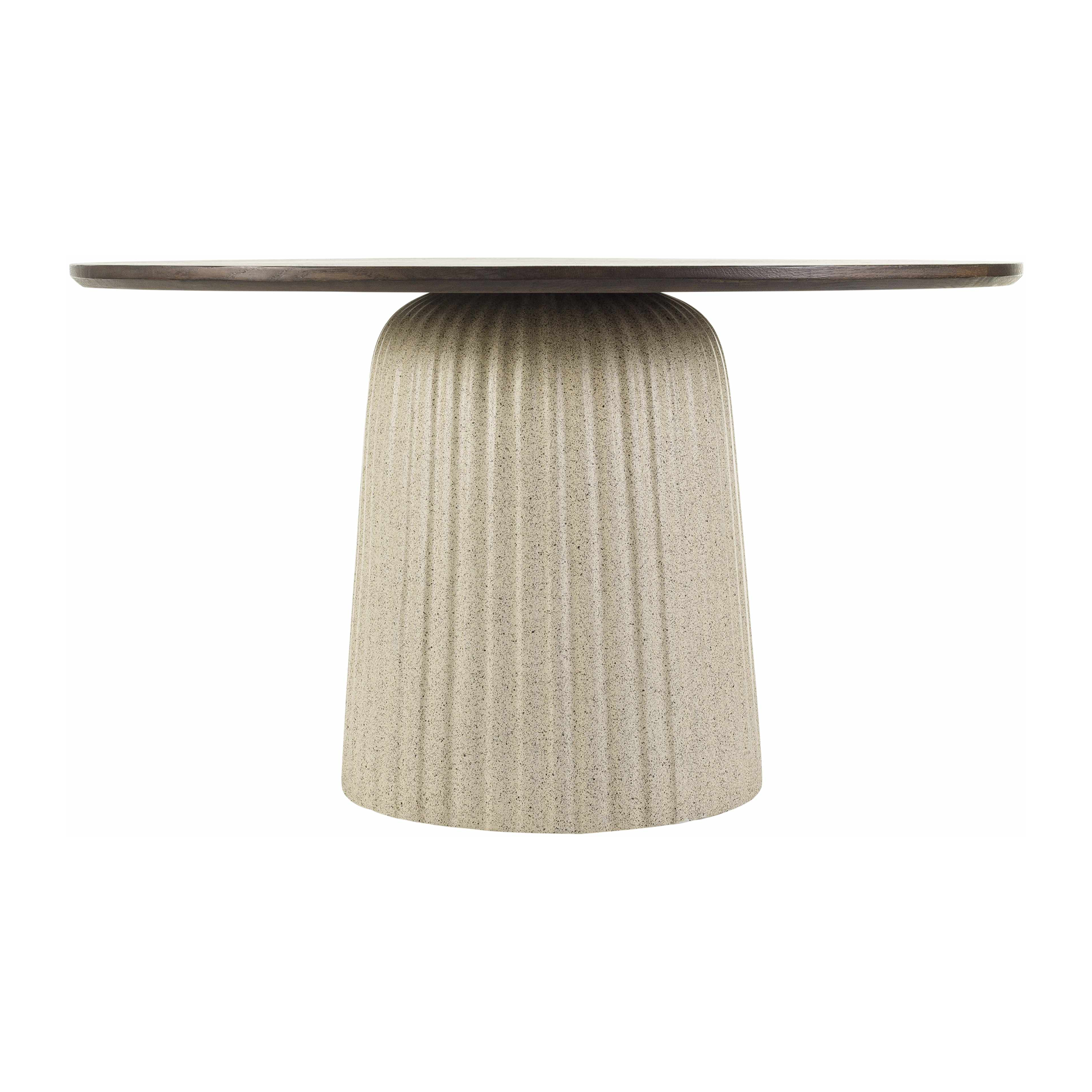 A modern round table featuring a textured, ribbed beige concrete pedestal base and a dark brown circular tabletop, shown against a plain white background.
